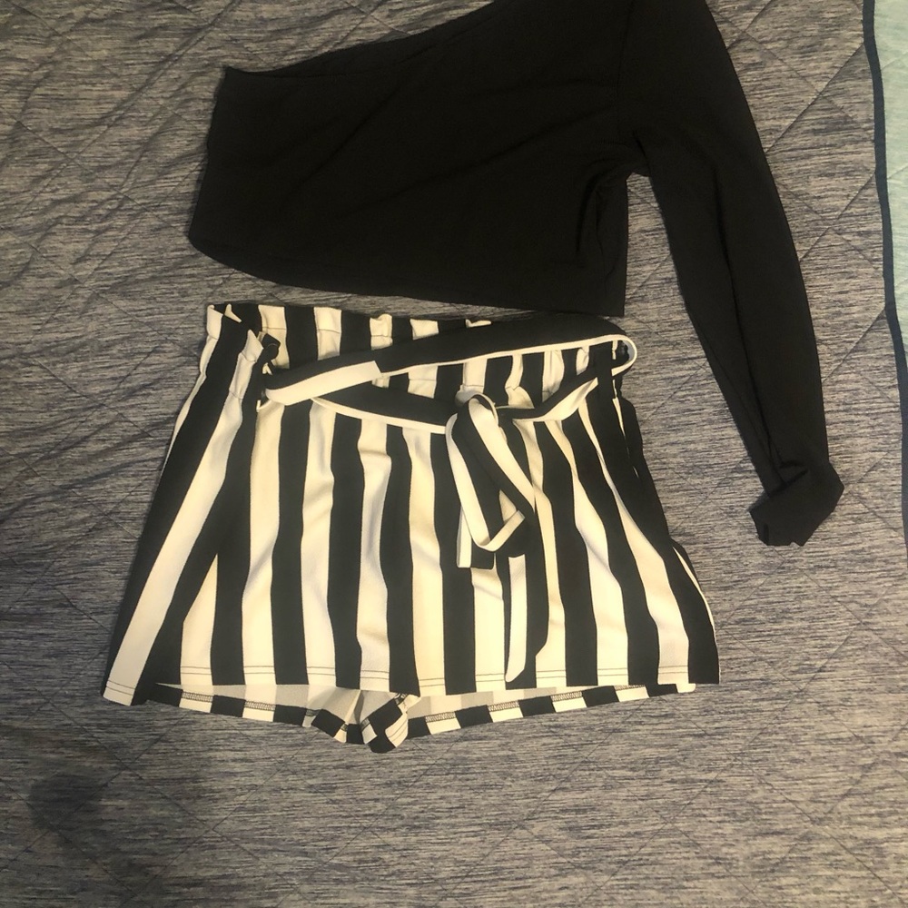 SHEIN Black & White High-Waist Striped Tie-Front Shorts